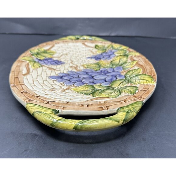 TAKAHASHI ANTIQUA Embossed Grapes Basket Weave Majolica 16" 2 Handled Platter - Picture 4 of 10